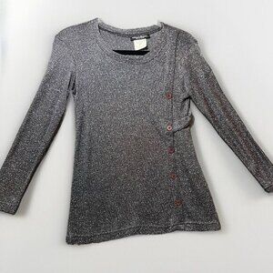 Vintage Sweatshirt Womens Small Black Silver Glitter Shimmer‎ Side Buttons